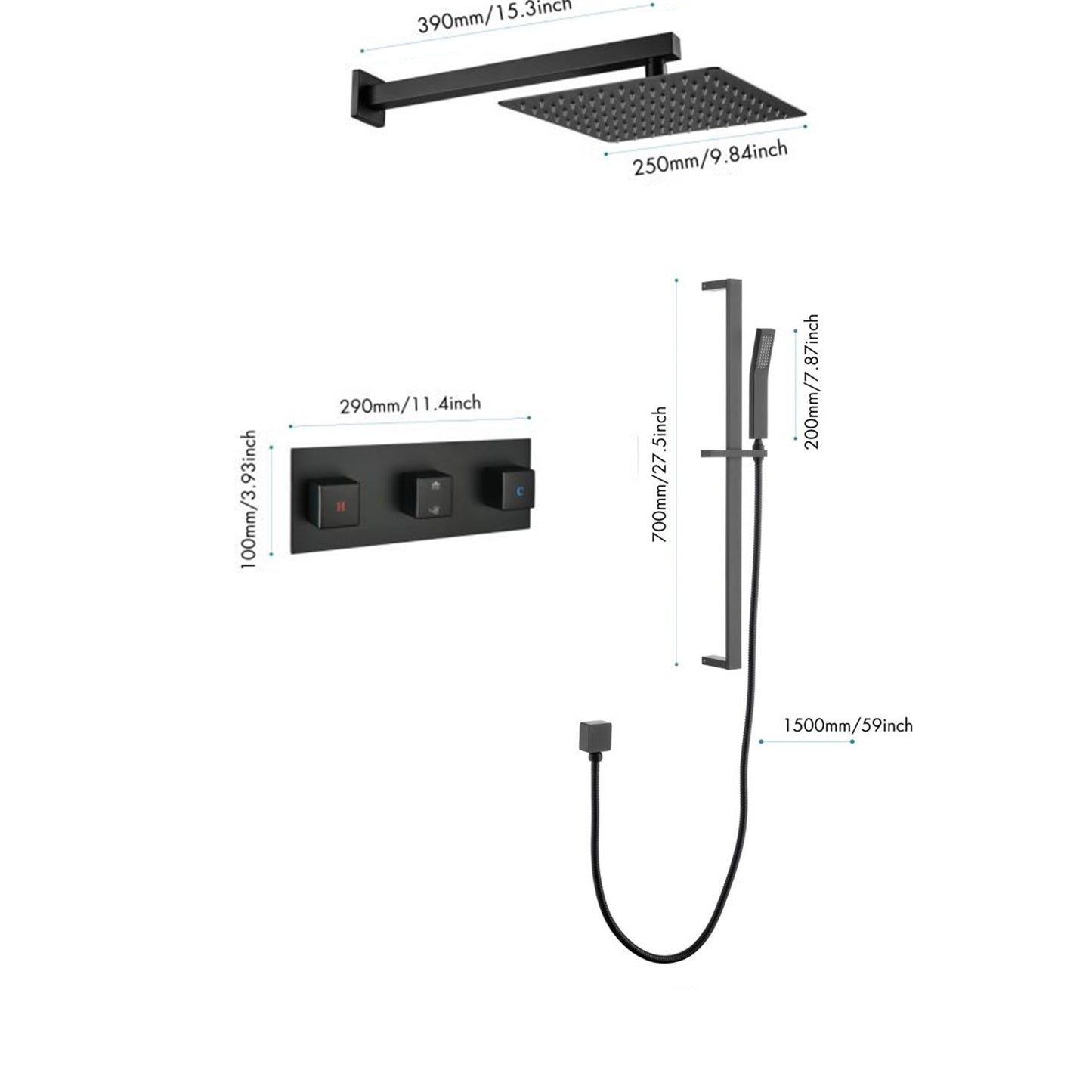 Shower System 10Inch Square Bathroom Luxury Rain Mixer Shower Combo Set Pressure Balanced Shower System with Shower Head, Hand Shower, Slide Bar, Shower Arm, Hose, and Valve Trim