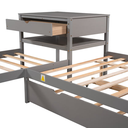 L-Shaped Full Size and Twin Size Platform Beds with Twin Size Trundle and Drawer Linked with Built-in Rectangle Table,Gray