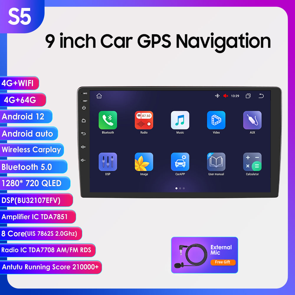 5S Series 9" Touchscreen Android 12 Octa Core QLED 1280*720 Car Gps Navigation Stereo Carplay Wifi 4G LTE Weather Display 4+64GB