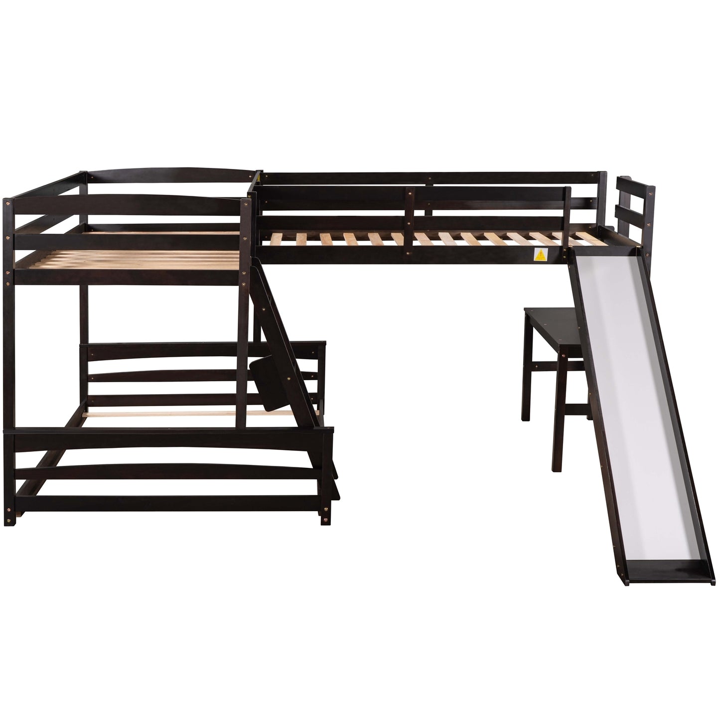 Twin over Full Bunk Bed with Twin Size Loft Bed with Desk and Slide,Full-Length Guardrail, Espresso