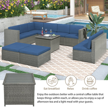 U_Style 9 Piece Rattan Sectional Seating Group with Cushions and Ottoman, Patio Furniture Sets, Outdoor Wicker Sectional, Grey Ratten+Blue Cushions