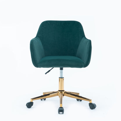 Modern Velvet Fabric Material Adjustable Height 360 revolving Home Office Chair with Gold Metal Legs and Universal Wheels for Indoor,Dark Green