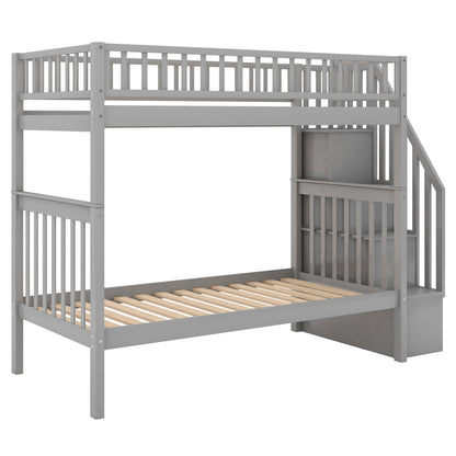 Twin over Twin Bunk Bed with Trundle and Storage, Gray