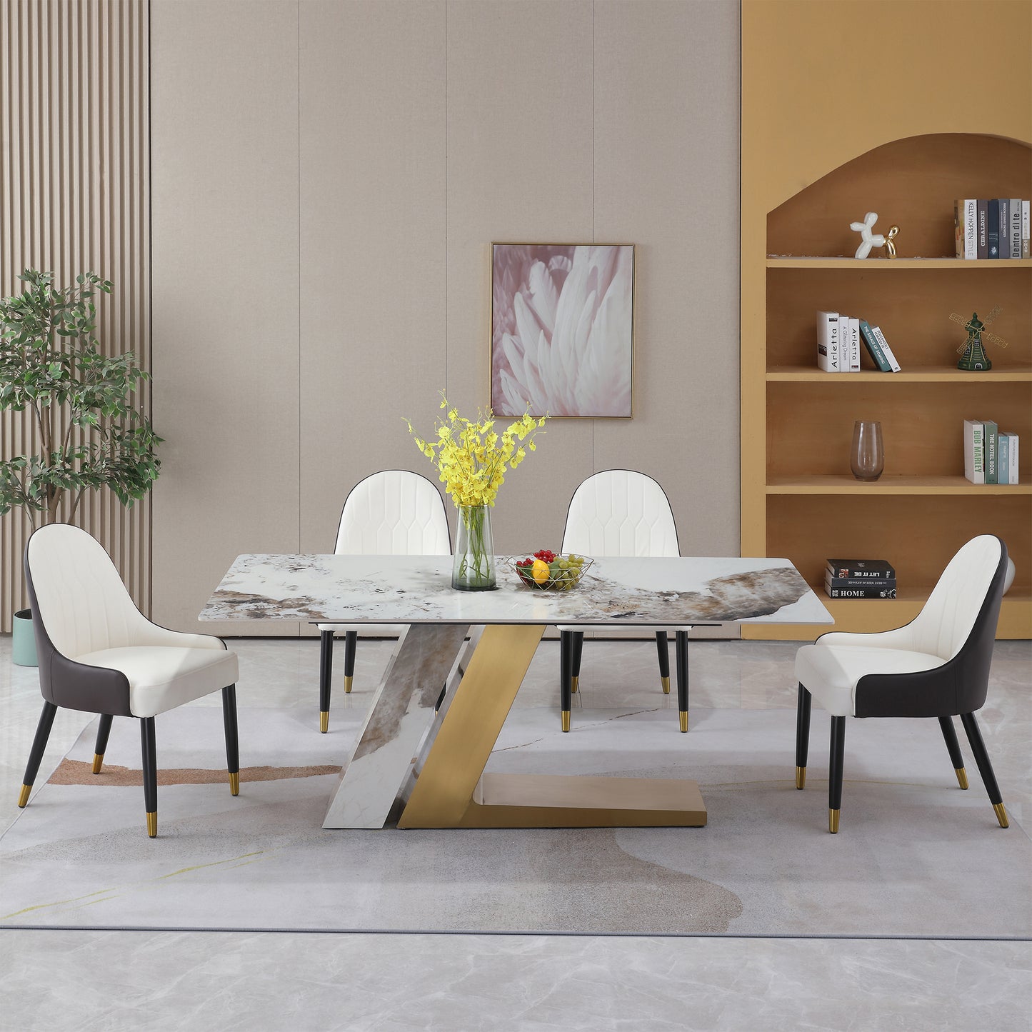 71" Contemporary Dining Table Sintered Stone Z shape Pedestal Base in Gold finish with 6 pcs Chairs .