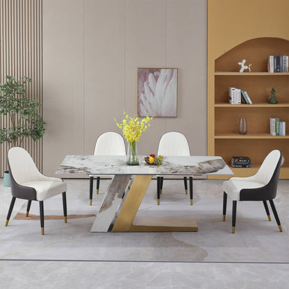 71" Contemporary Dining Table Sintered Stone Z shape Pedestal Base in Gold finish with 6 pcs Chairs .