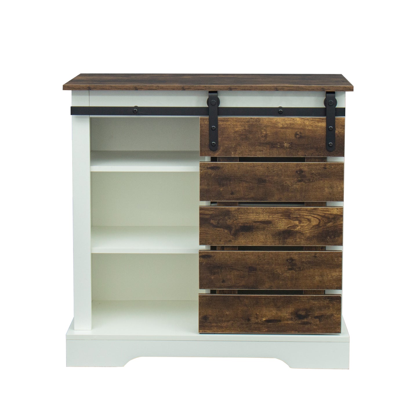 Side Cabinet Buffet Sideboard with Sliding Barn Door and Interior Shelves, White+Rustic dark oak