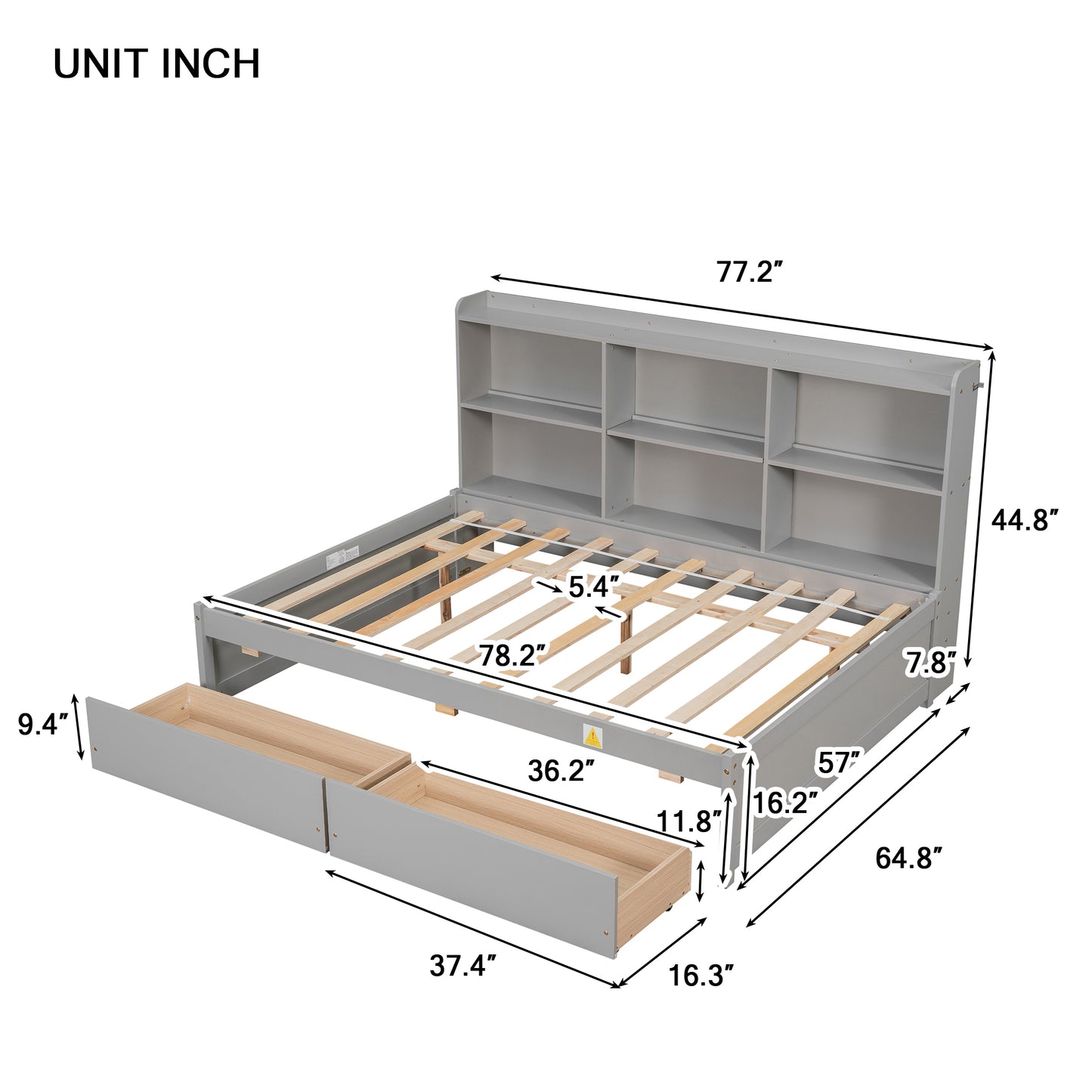 Full Bed with Side Bookcase, Drawers,Gray