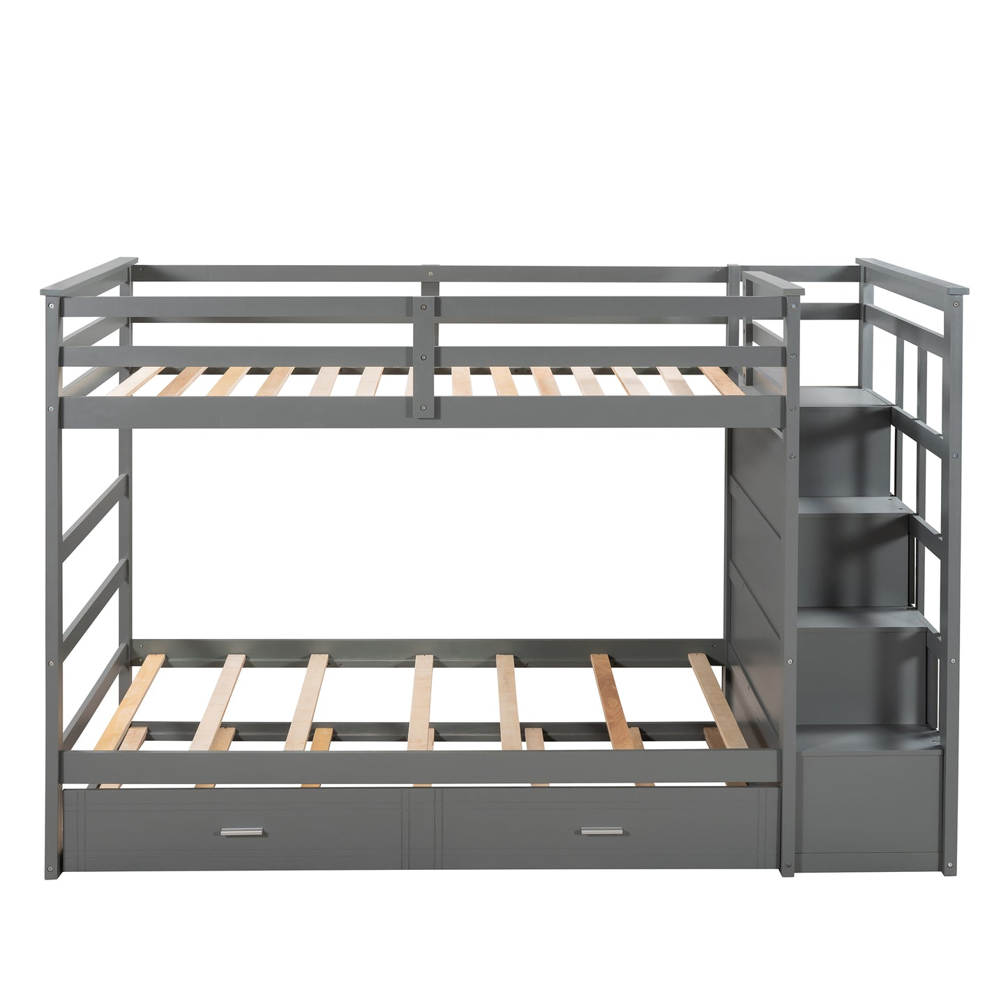 Solid Wood Bunk Bed, Hardwood Twin Over Twin Bunk Bed with Trundle and Staircase, Natural Gray Finish(Old SKU: LP000068AAE)