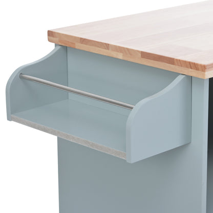 K&K Store Kitchen Cart on 4 Wheels with 2 Drawers and 3 Open Shelves, Kitchen Island with Rubber Wood top for Dinning Room, Grey Blue