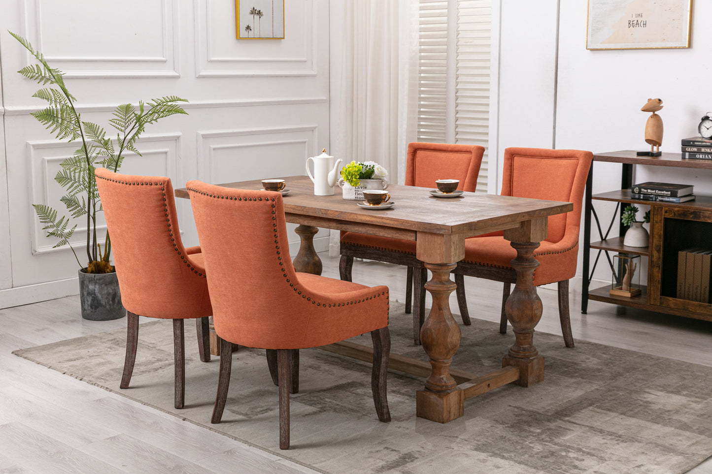 A&A Furniture,Ultra Side Dining Chair，Thickened fabric chairs with neutrally toned solid wood legs， Bronze nail head，Set of 2，Orange