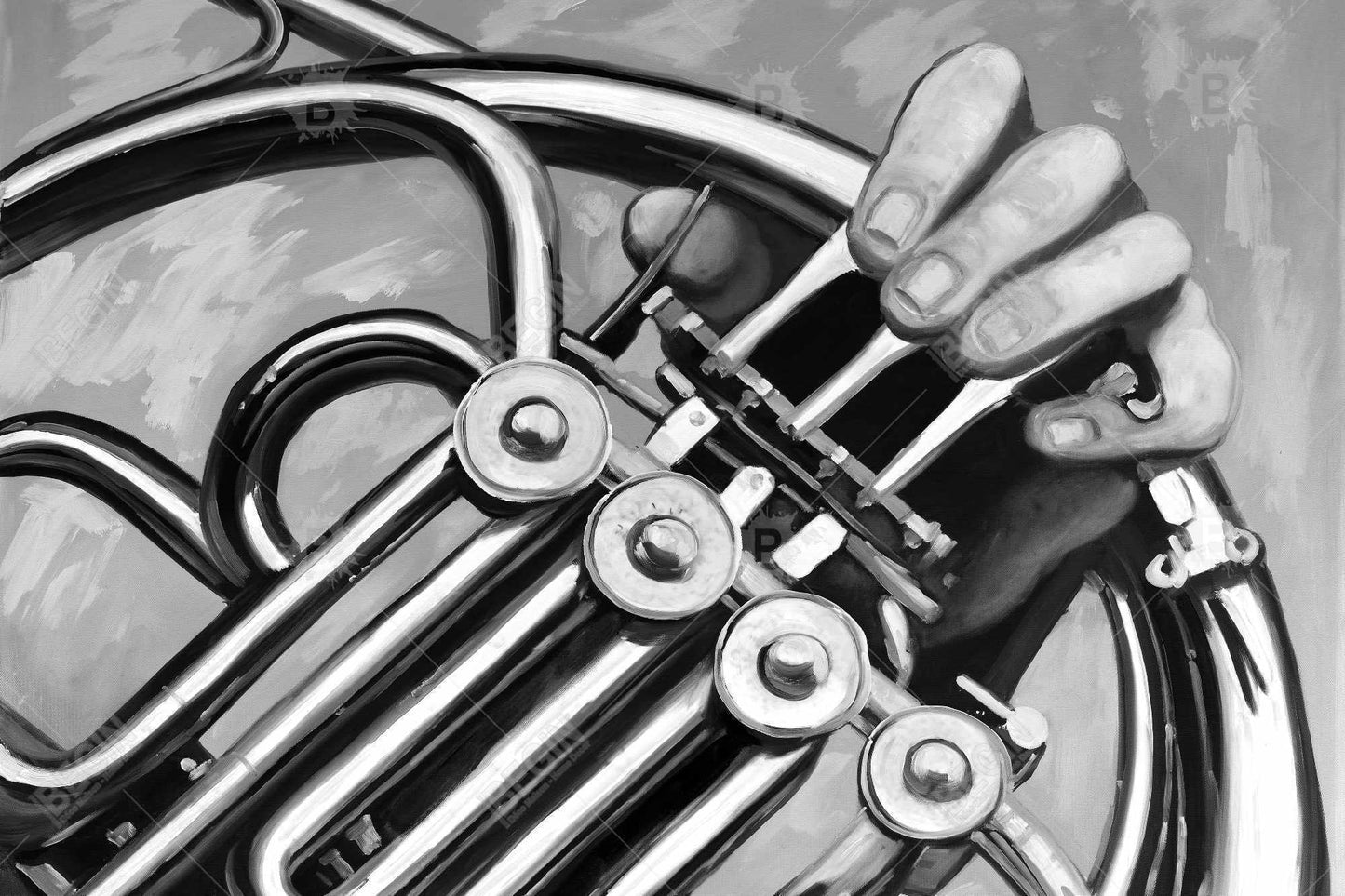 Musician with french horn monochrome - 20x30 Print on canvas