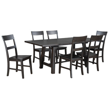 TREXM Retro Industrial Style 7-Piece Dining Table Set Extendable Table with 18” Leaf and Six Wood Chairs 
(Espresso)