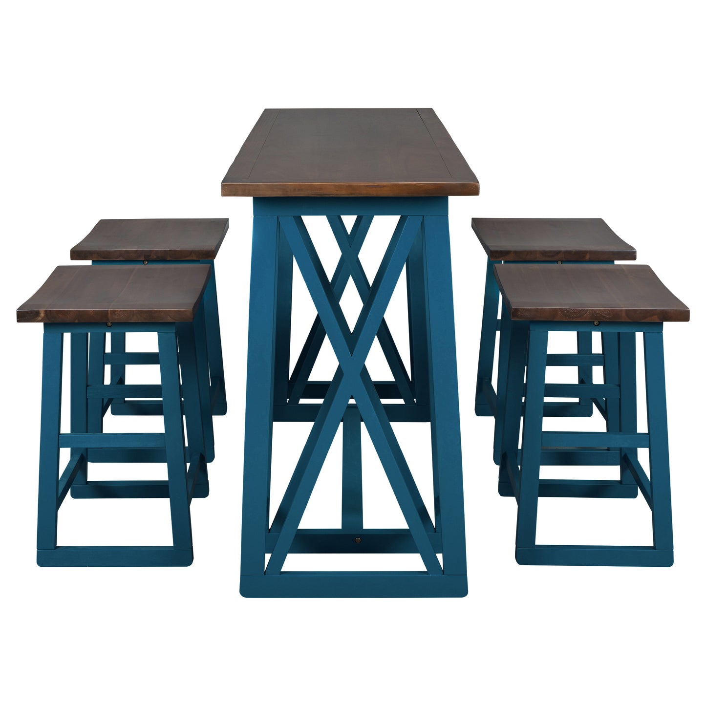 TOPMAX Rustic Counter Height 5-Piece Dining Set, Wood Console Table Set with 4 Stools for Small Places,Walnut+Blue