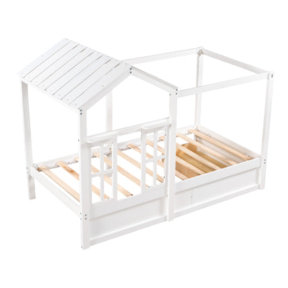 Twin Size House Bed with Roof, Window and Drawer - White