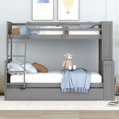 Twin over Full Bunk Bed with Trundle and Shelves, can be Separated into Three Separate Platform Beds, Gray