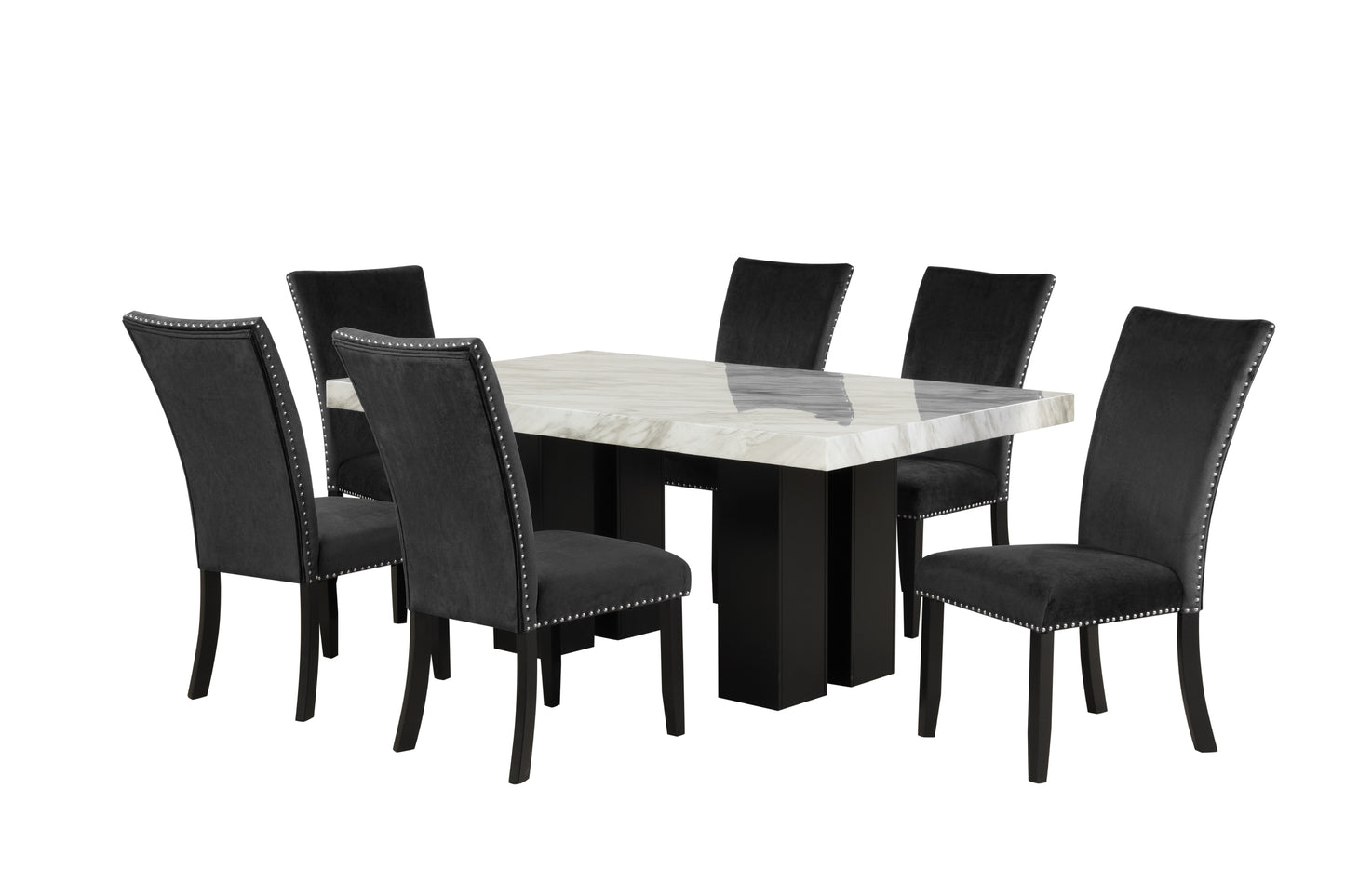 7-piece Dining Table Set with 1 Faux Marble Dining Rectangular Table and 6 Upholstered-Seat Chairs ,for Dining room and Living Room ,Black