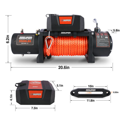 ZESUPER 9500 lbs Electric Winch Kit Waterproof IP67 Electric Winch with Hawse Fairlead, with Both Wireless Handheld Remote and Corded Control Recovery (9500-Rope)