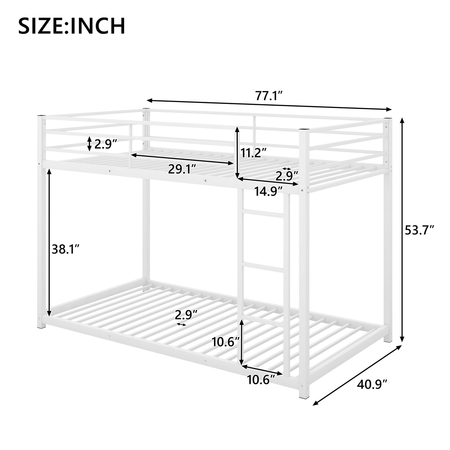 Twin over Twin Metal Bunk Bed, Low Bunk Bed with Ladder,White(OLD SKU:MF197033AAK)