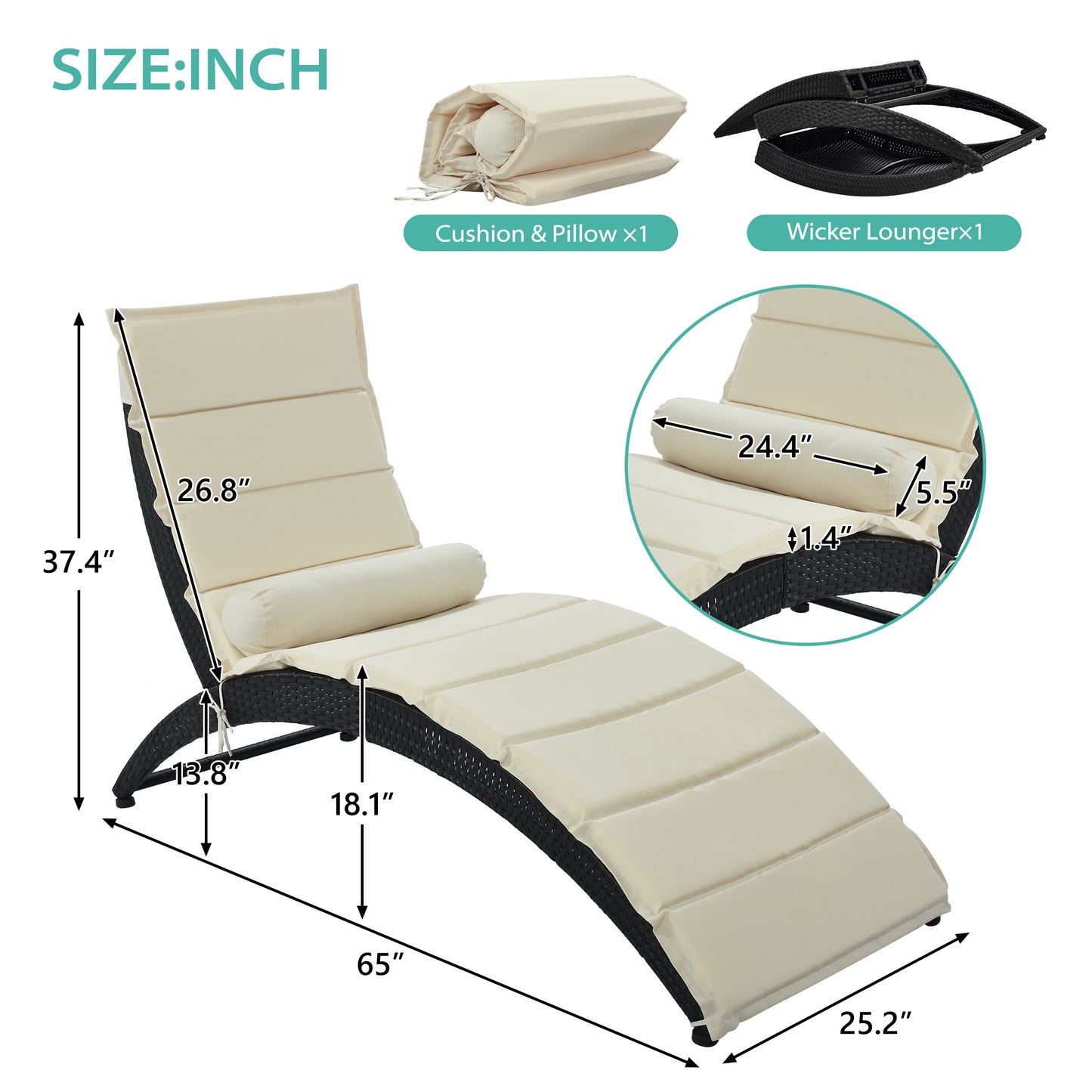 GO Patio Wicker Sun Lounger, PE Rattan Foldable Chaise Lounger with Removable Cushion and Bolster Pillow, Black Wicker and Beige Cushion