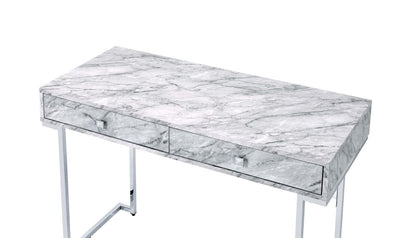 ACME Tigress Writing Desk, White Printed Faux Marble & Chrome Finish 92615