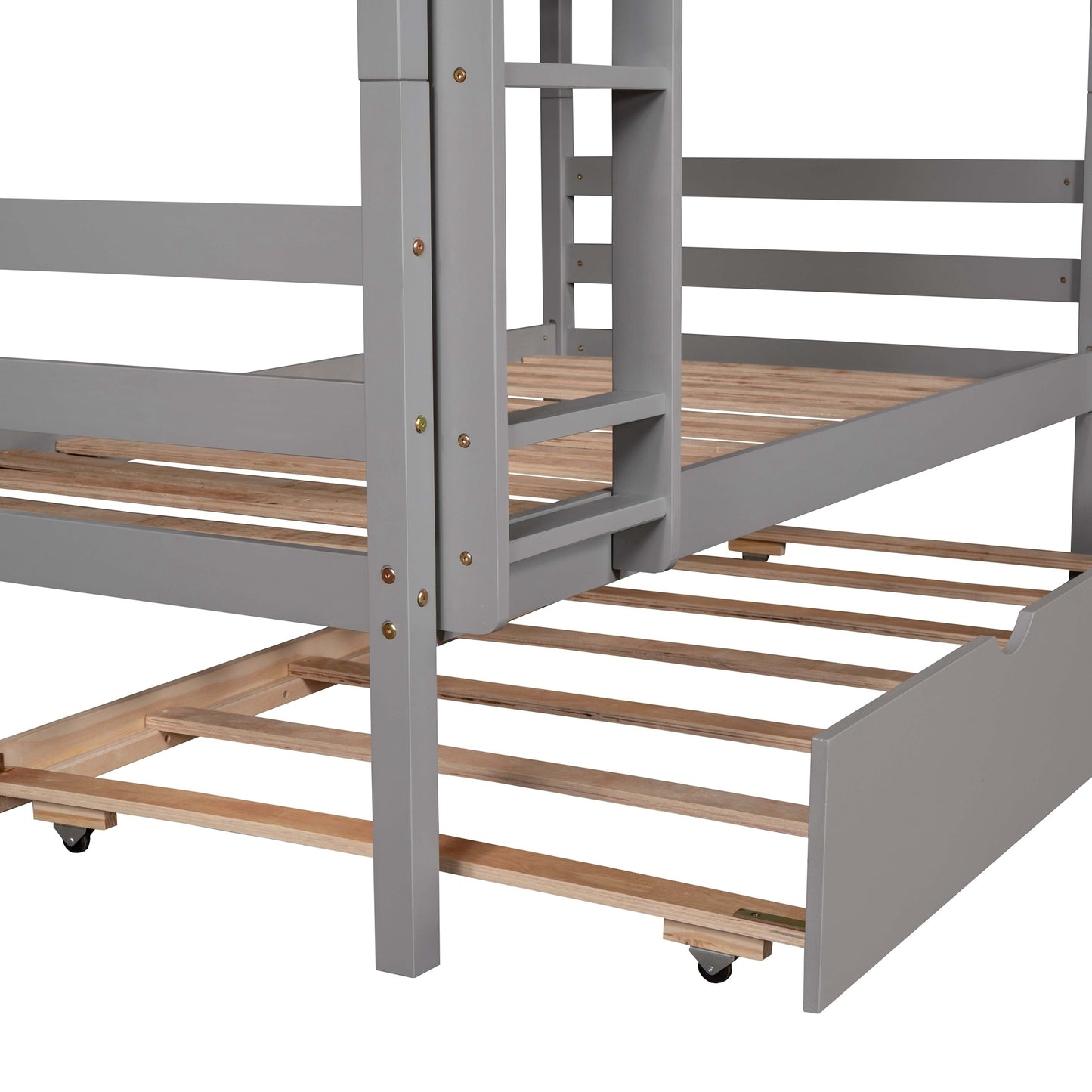 Twin over Twin House Bunk Bed with Trundle and Chimney Design,Gray