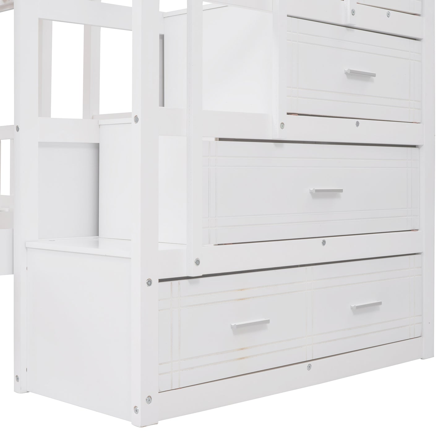 Full Over Twin & Twin Bunk Bed, Wood Triple Bunk Bed with Drawers and Guardrails (White)