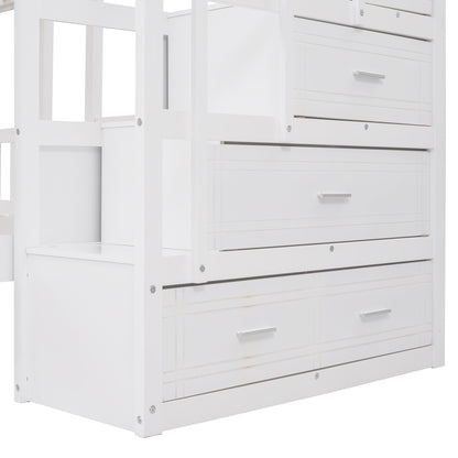 Full Over Twin & Twin Bunk Bed, Wood Triple Bunk Bed with Drawers and Guardrails (White)