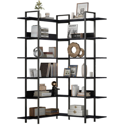 74.8 Inch Bookshelf L-shape MDF Boards Stainless Steel Frame Corner 6-tier Shelves Adjustable Foot Pads, Black