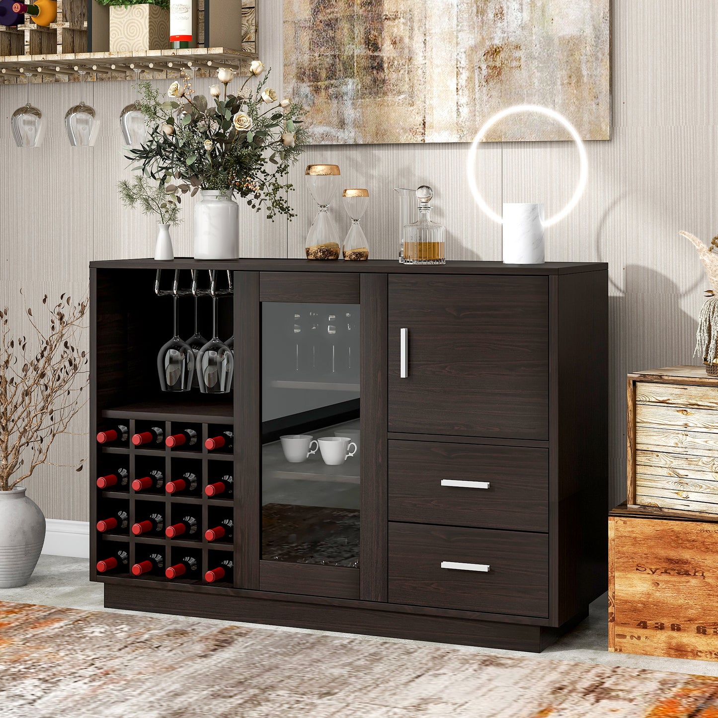 TREXM Kitchen Functional Sideboard with Glass Sliding Door and Integrated 16 Bar Wine Compartment, Wineglass Holders (Espresso)