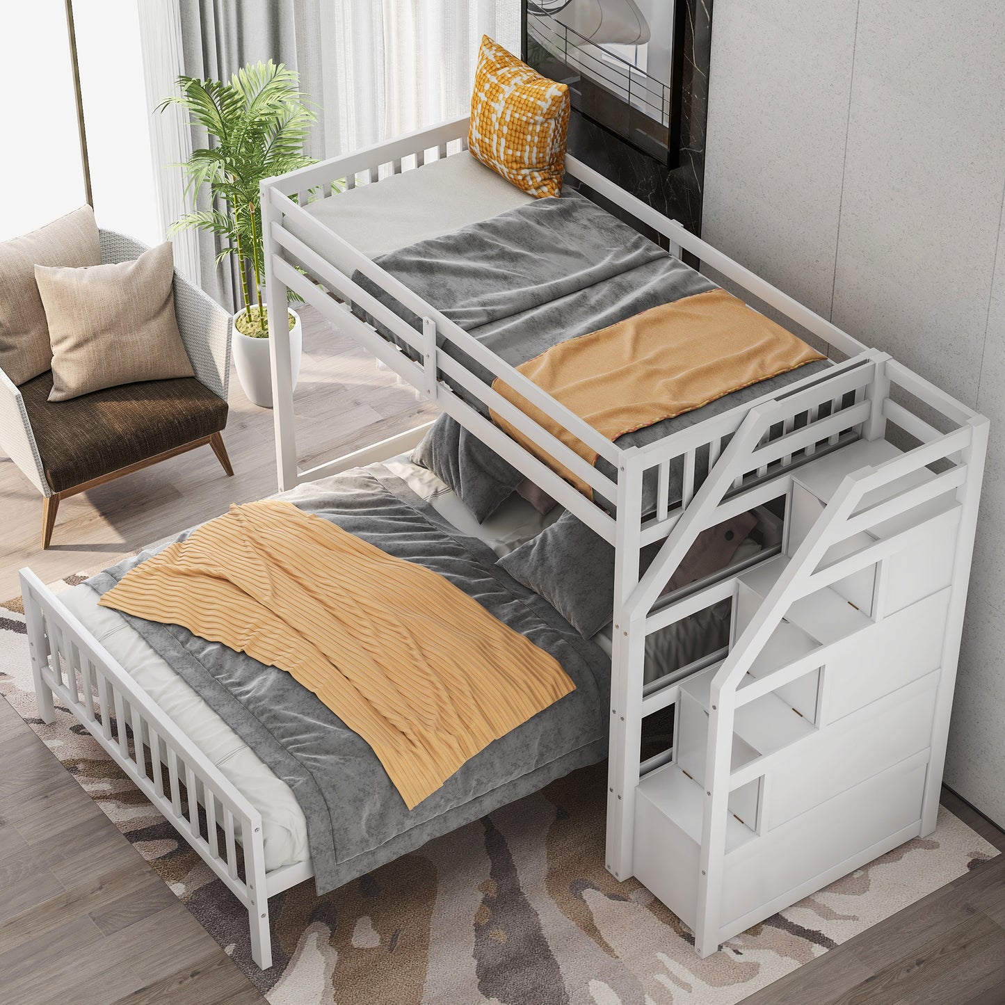 Twin over Full Loft Bed with Staircase,White(OLD SKU:SM000107AAK)