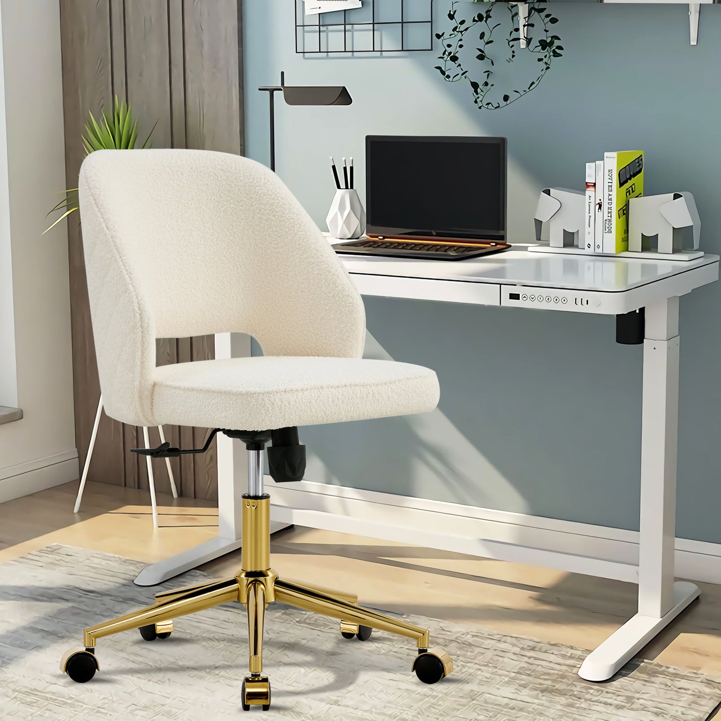 Modern Home Teddy Velvet Office Chairs, Adjustable 360 °Swivel Chair Engineering Plastic Armless Swivel Computer Chair With Wheels for Living Room, Bed Room Office Hotel Dining Room.White.