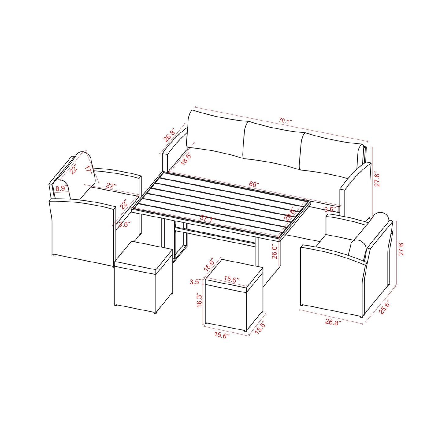 6-Piece Outdoor PE Rattan Sofa Set Patio Garden Wicker Dining and Coffee Sofa-Dark Brown