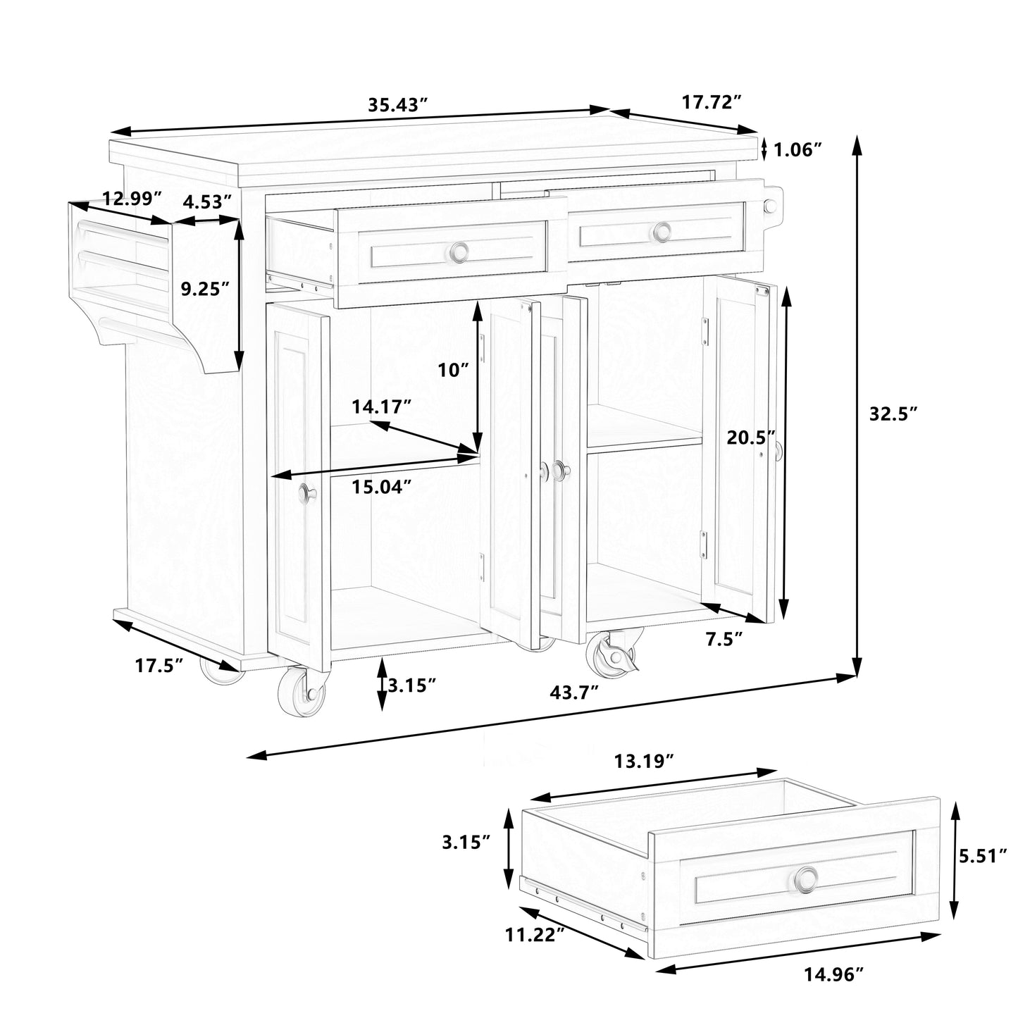 Kitchen Island Cart with Two Storage Cabinets and Two Locking Wheels，43.31 Inch Width，4 Door Cabinet and Two Drawers，Spice Rack, Towel Rack （White）