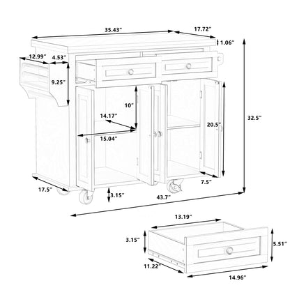 Kitchen Island Cart with Two Storage Cabinets and Two Locking Wheels，43.31 Inch Width，4 Door Cabinet and Two Drawers，Spice Rack, Towel Rack （White）