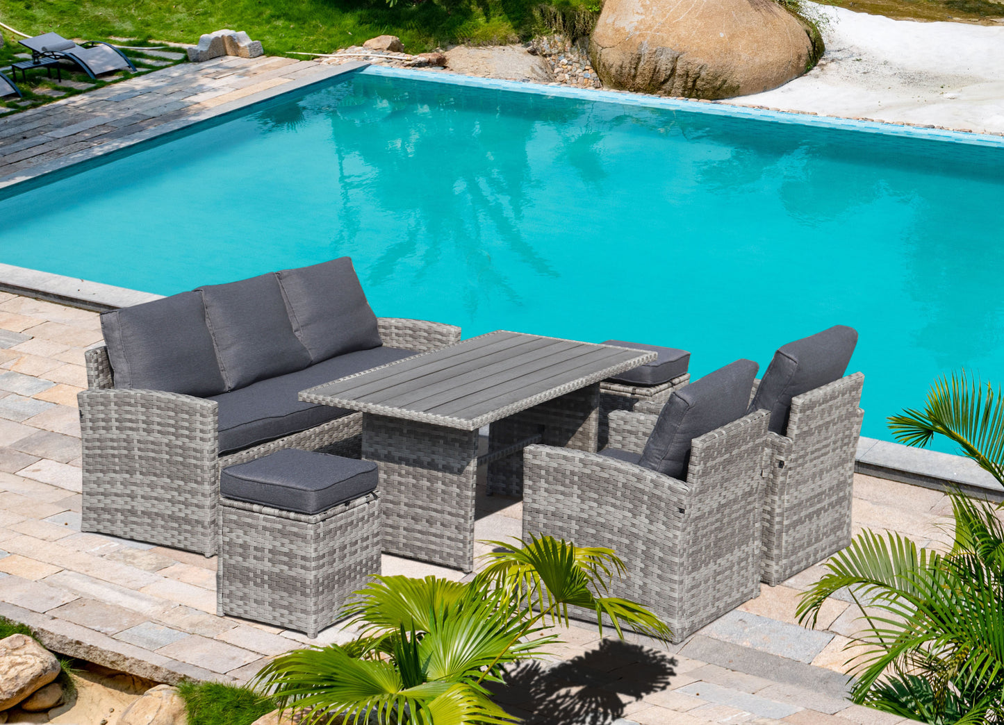 6-Piece Outdoor PE Rattan Sofa Set Patio Garden Wicker Dining and Coffee Sofa-Grey