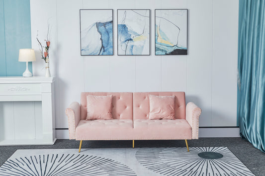 [New+Video]Pink velvet nail head sofa bed with throw pillow and midfoot