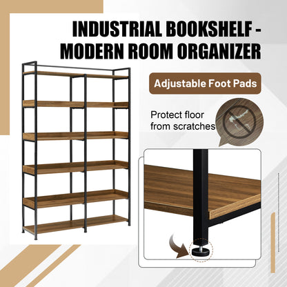 70.8 Inch Tall Bookshelf MDF Boards Stainless Steel Frame, 6-tier Shelves with Back&Side Panel, Adjustable Foot Pads, Brown