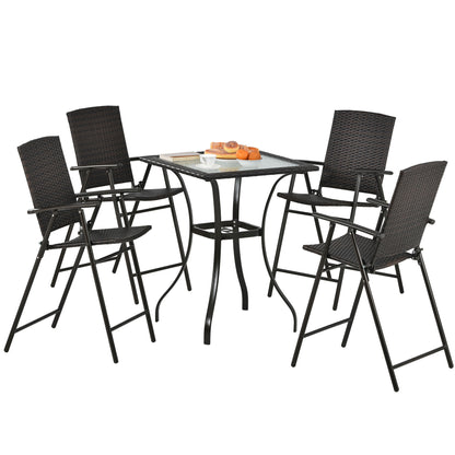 TOPMAX Outdoor Patio PE Wicker 5-Piece Counter Height Dining Table Set with Umbrella Hole and  4 Foldable Chairs, Brown