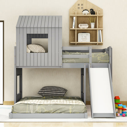 Wooden Twin Over Full Bunk Bed, Loft Bed with Playhouse, Farmhouse, Ladder, Slide and Guardrails . Gray(OLD SKU :LP000028AAN)