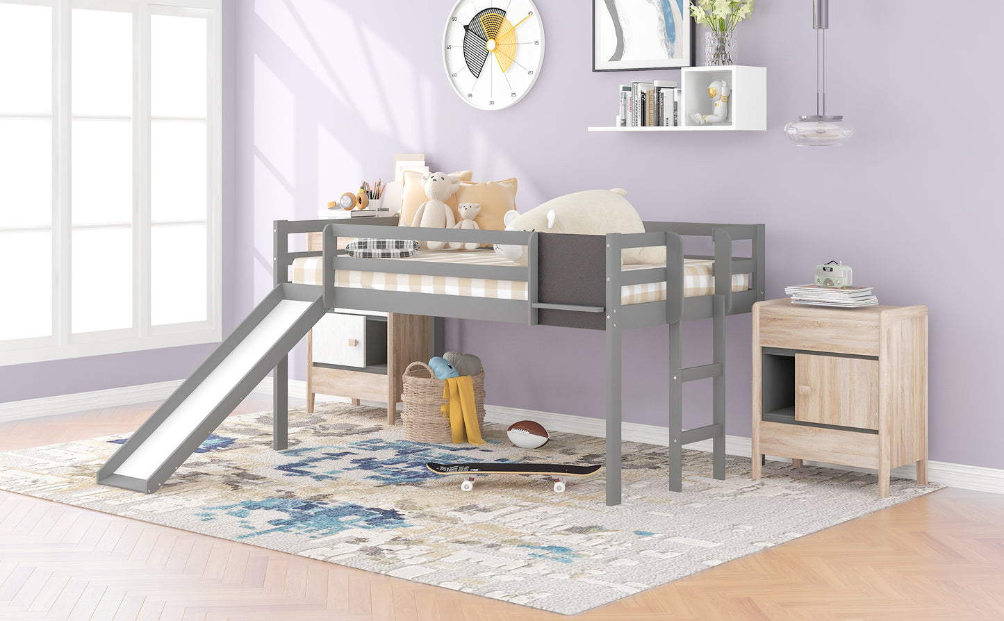 Twin size Loft Bed Wood Bed with Slide, Stair and Chalkboard,Gray(OLD SKU :WF282115AAE)