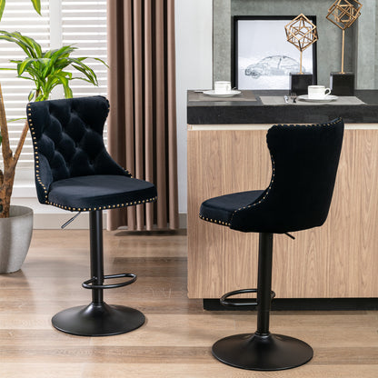 A&A Furniture,Swivel Velvet Barstools Adjusatble Seat Height from 25-33 Inch, Modern Upholstered Bar Stools with Backs Comfortable Tufted for Home Pub and Kitchen Island（Black,Set of 2）