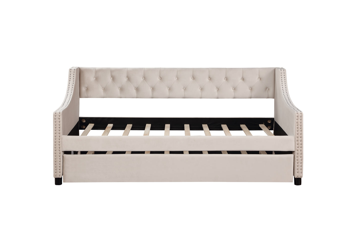 Daybed with Trundle Upholstered Tufted Sofa Bed, with Button and Copper Nail on Arms，both full Size Beige