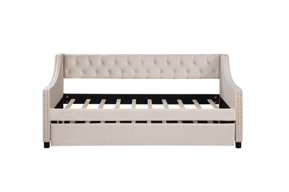 Daybed with Trundle Upholstered Tufted Sofa Bed, with Button and Copper Nail on Arms，both full Size Beige