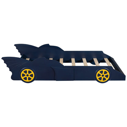 Twin Size Race Car-Shaped Platform Bed with Wheels,Blue+Yellow