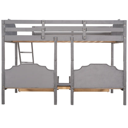 Full Over Twin & Twin Bunk Bed, Velvet Triple Bunk Bed with Drawers and Guardrails, Gray