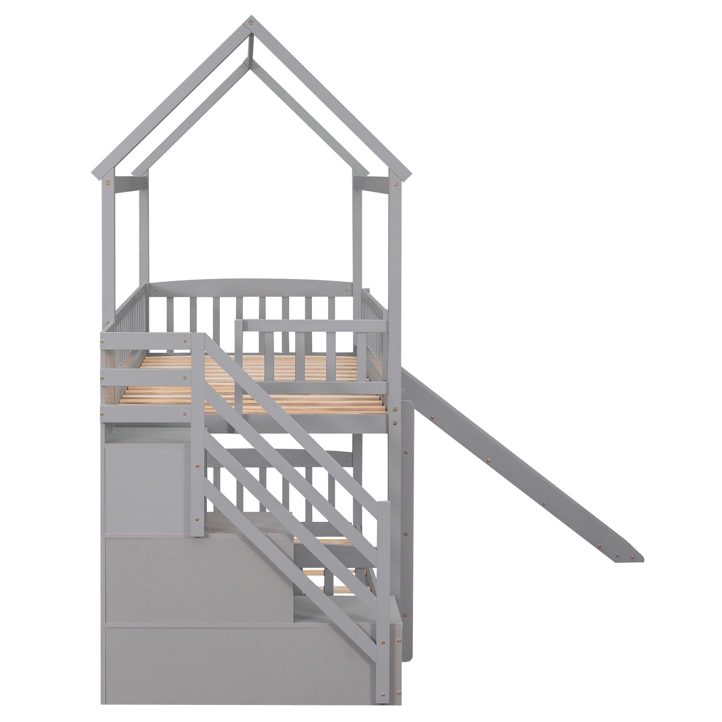 Twin Over Twin Bunk Bed with Drawers and Slide, House Bed with Slide,Gray(OLD SKU :LT000215AAE)