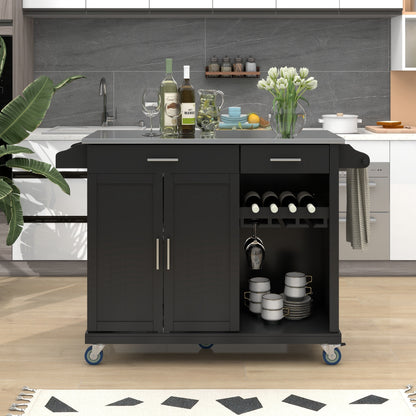 K&K Kitchen Cart with Stainless Steel Top and Storage Cabinet, Kitchen Island on Wheels with Two Drawers & Goblet Holder & Wine Rack & Spice Rack & Towel Holder, L51xW18xH37 Inches