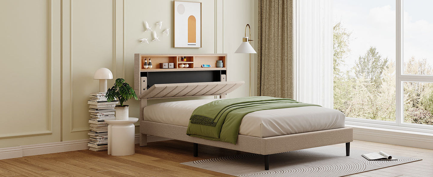 Full size Upholstered Platform Bed with Storage Headboard and USB Port,  Linen Fabric Upholstered Bed (Beige)