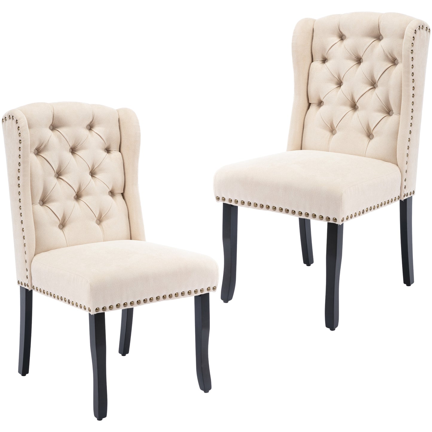 TREXM Cotton Fabric Dining Chairs Set of 2, Upholstered Dining Room Chairs with Solid Wood Legs, Wingback and Button Tufting (Beige)