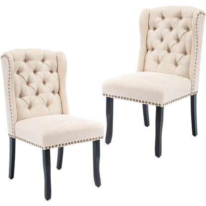 TREXM Cotton Fabric Dining Chairs Set of 2, Upholstered Dining Room Chairs with Solid Wood Legs, Wingback and Button Tufting (Beige)